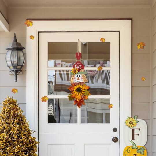 Glitzhome® 26" Fall Wood Scarecrow Floral Door Hanger